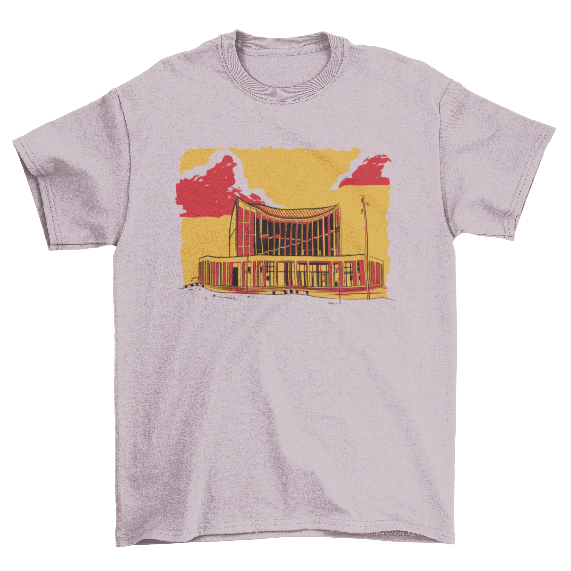 A stylish Orange Building Sketch T-shirt featuring a detailed sketch of an orange building, perfect for art lovers.