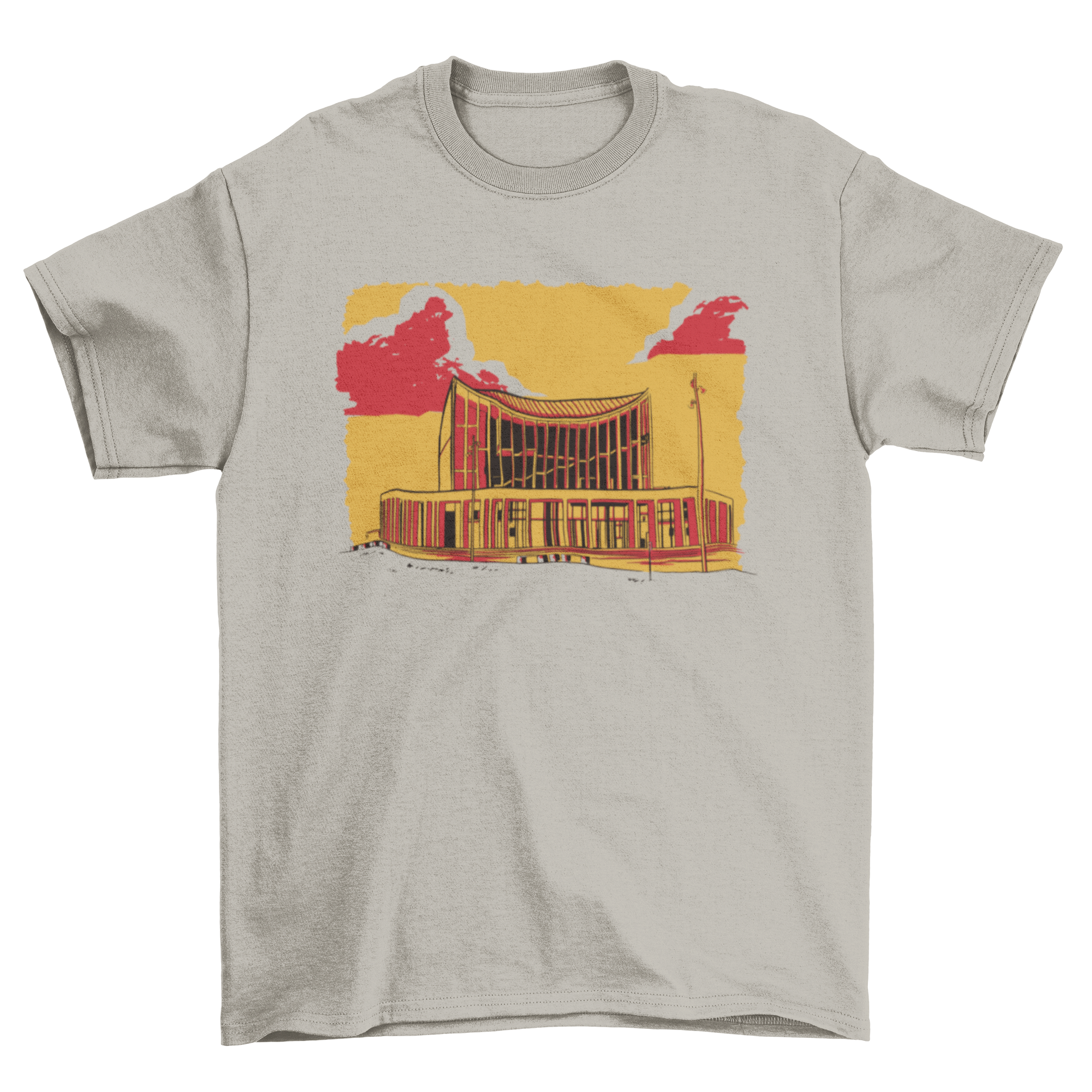 A stylish Orange Building Sketch T-shirt featuring a detailed sketch of an orange building, perfect for art lovers.