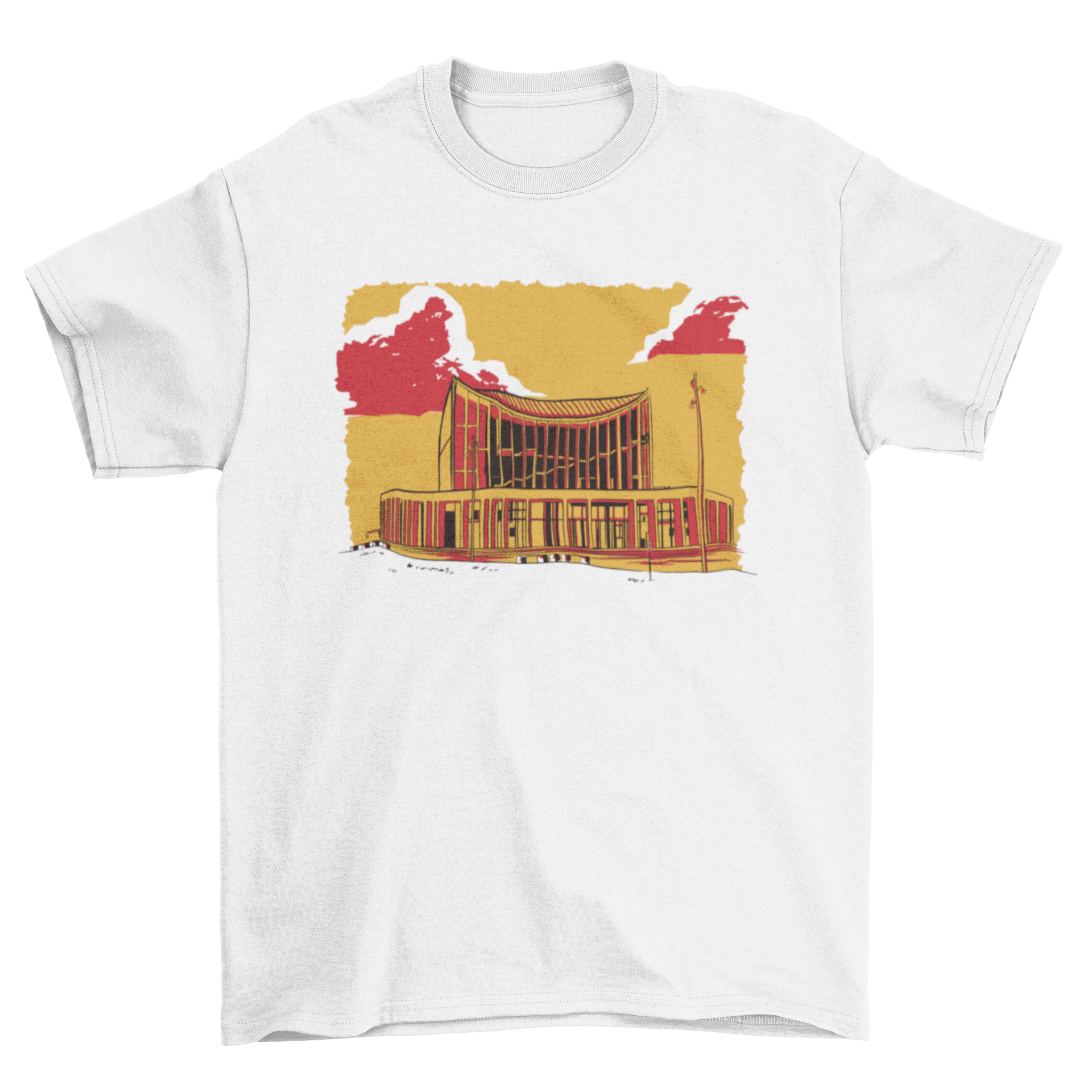 A stylish Orange Building Sketch T-shirt featuring a detailed sketch of an orange building, perfect for art lovers.