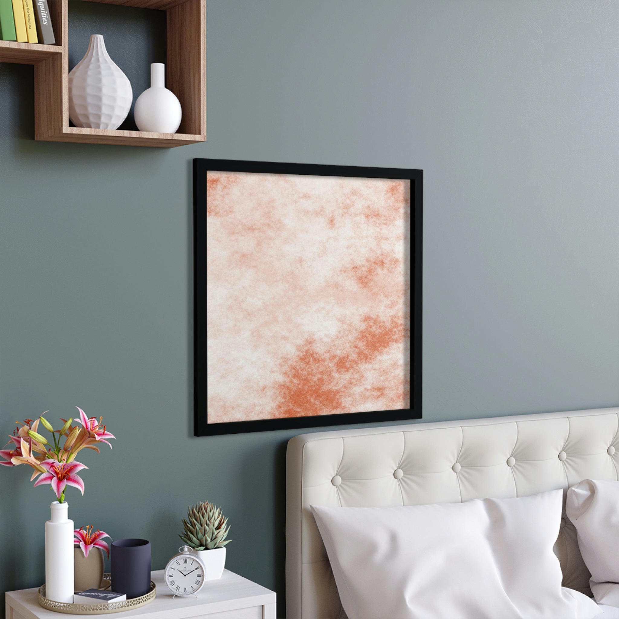 Orange Cloud Framed Poster with a hand-crafted wooden frame, showcasing vibrant colors and unique design.