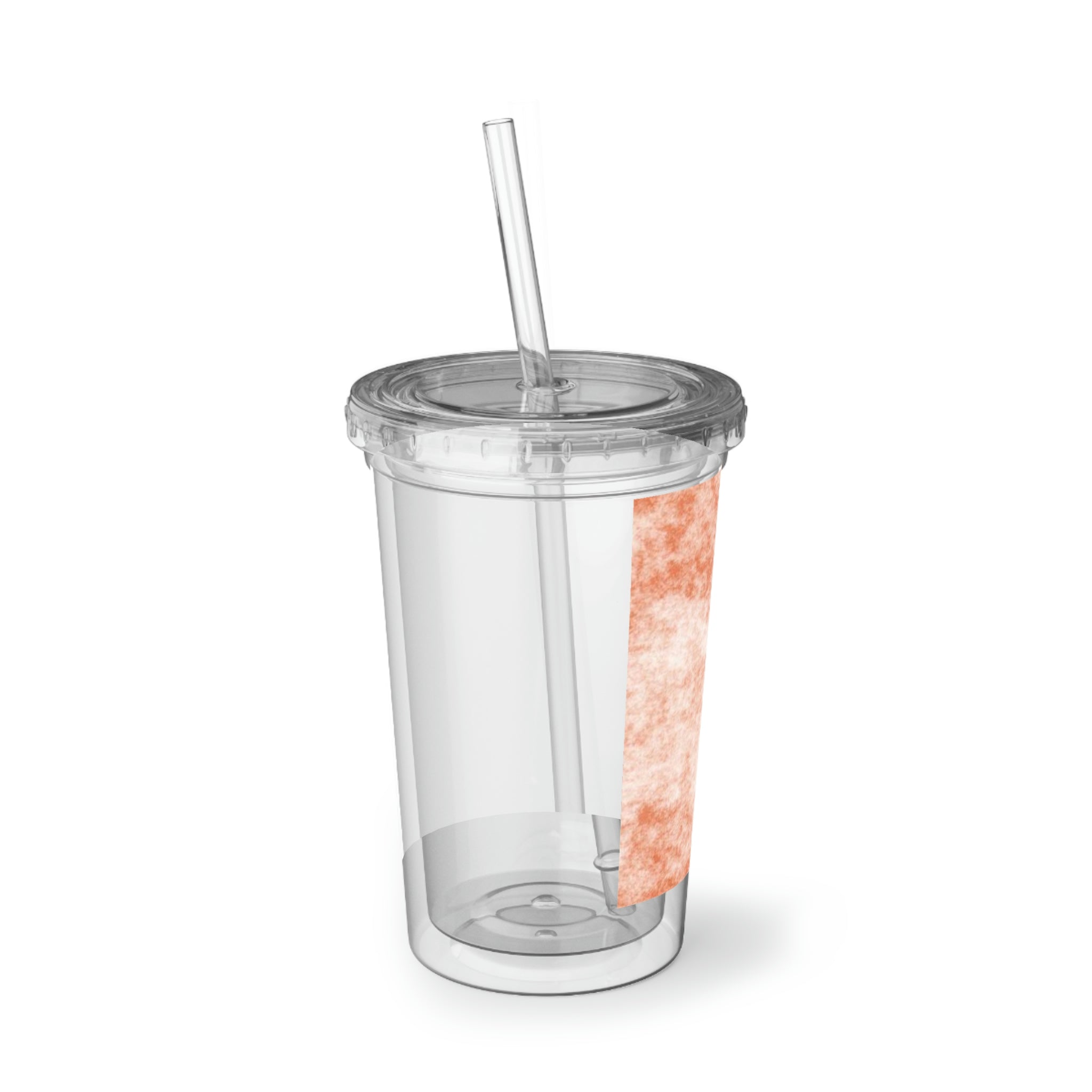 Orange Cloud Suave Acrylic Cup with double-wall insulation, featuring a vibrant orange color and a plastic lid with a straw.