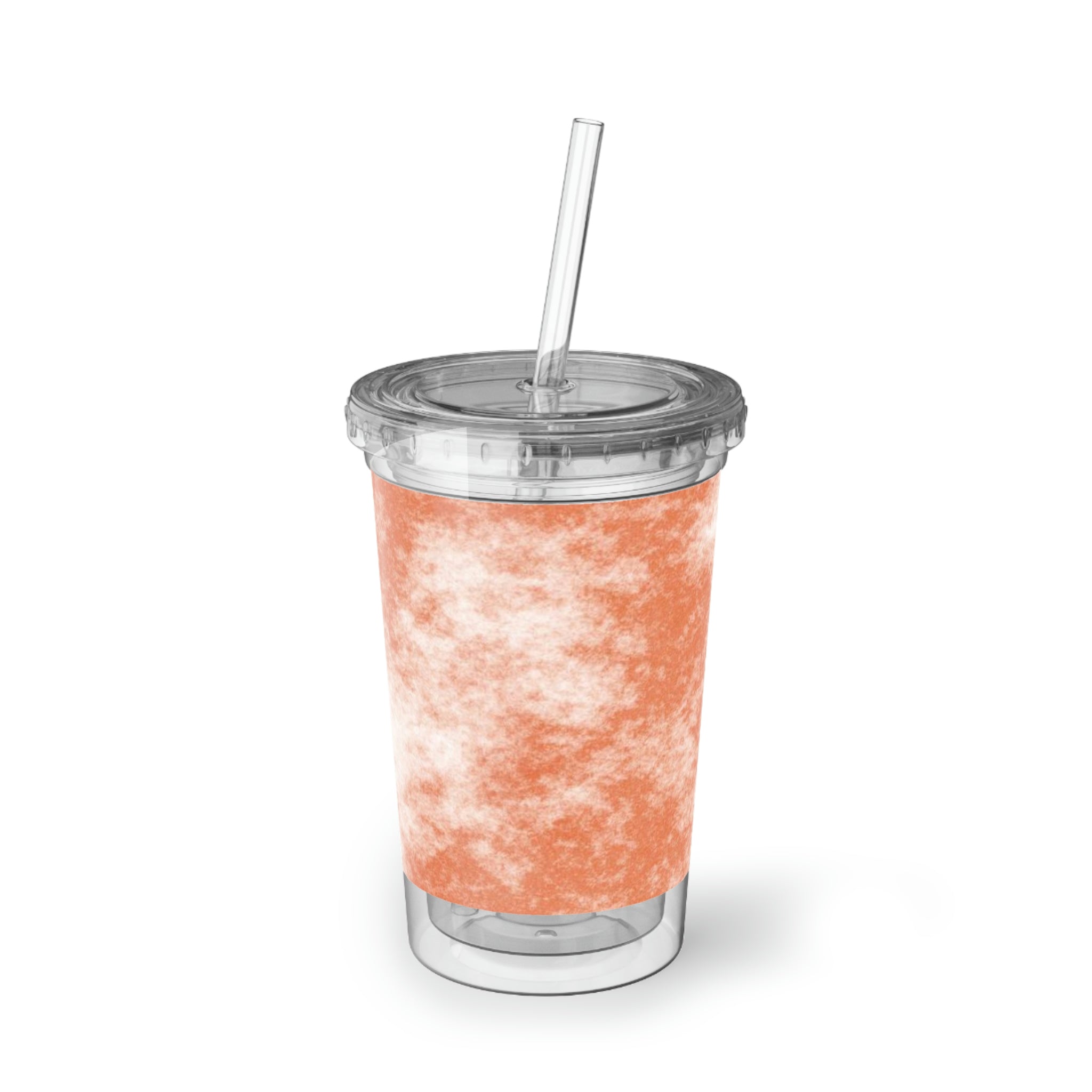 Orange Cloud Suave Acrylic Cup with double-wall insulation, featuring a vibrant orange color and a plastic lid with a straw.