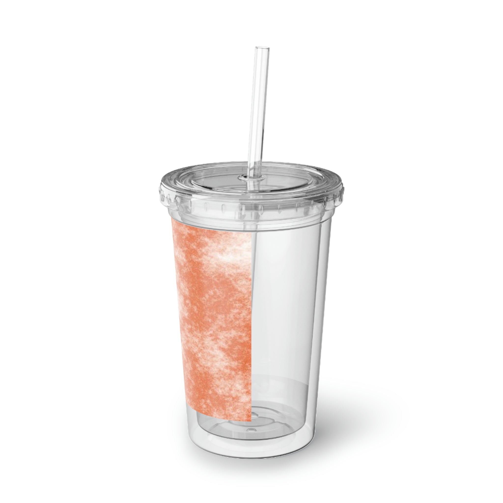 Orange Cloud Suave Acrylic Cup with double-wall insulation, featuring a vibrant orange color and a plastic lid with a straw.