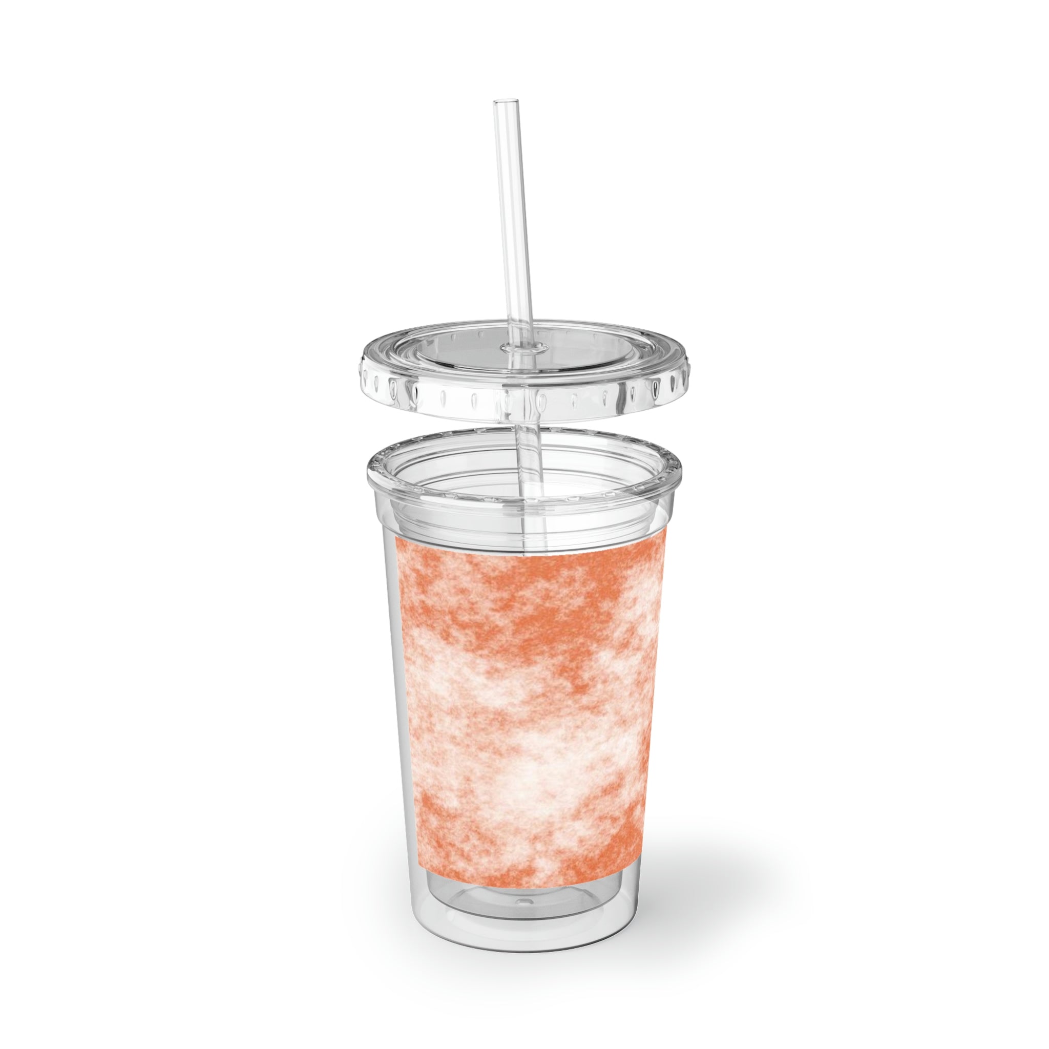 Orange Cloud Suave Acrylic Cup with double-wall insulation, featuring a vibrant orange color and a plastic lid with a straw.