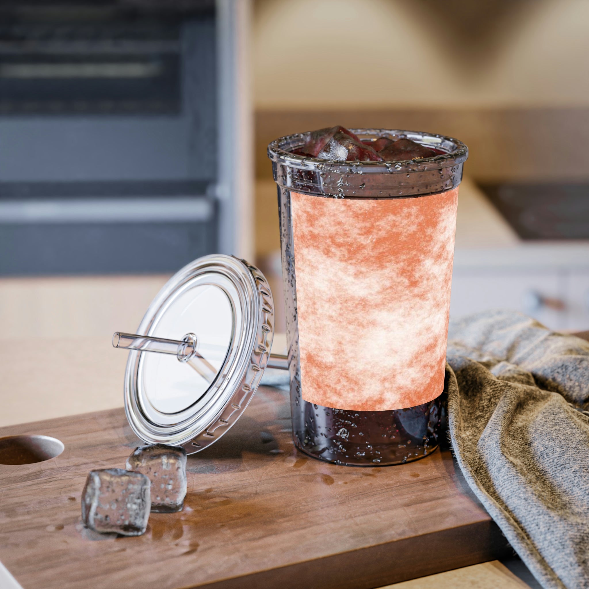 Orange Cloud Suave Acrylic Cup with double-wall insulation, featuring a vibrant orange color and a plastic lid with a straw.