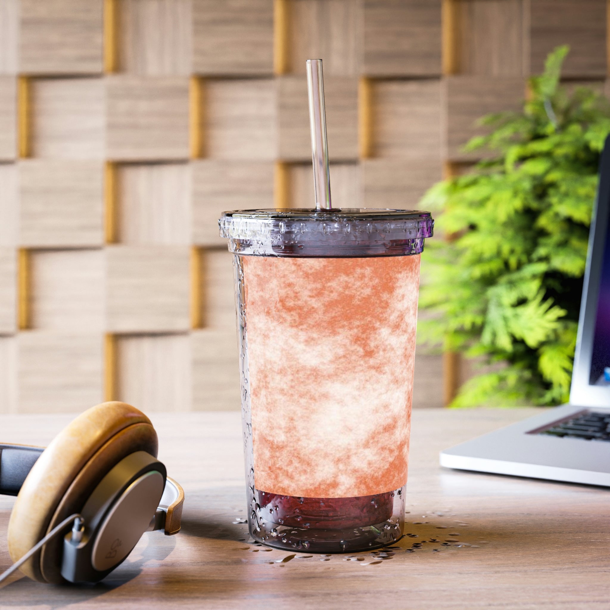 Orange Cloud Suave Acrylic Cup with double-wall insulation, featuring a vibrant orange color and a plastic lid with a straw.