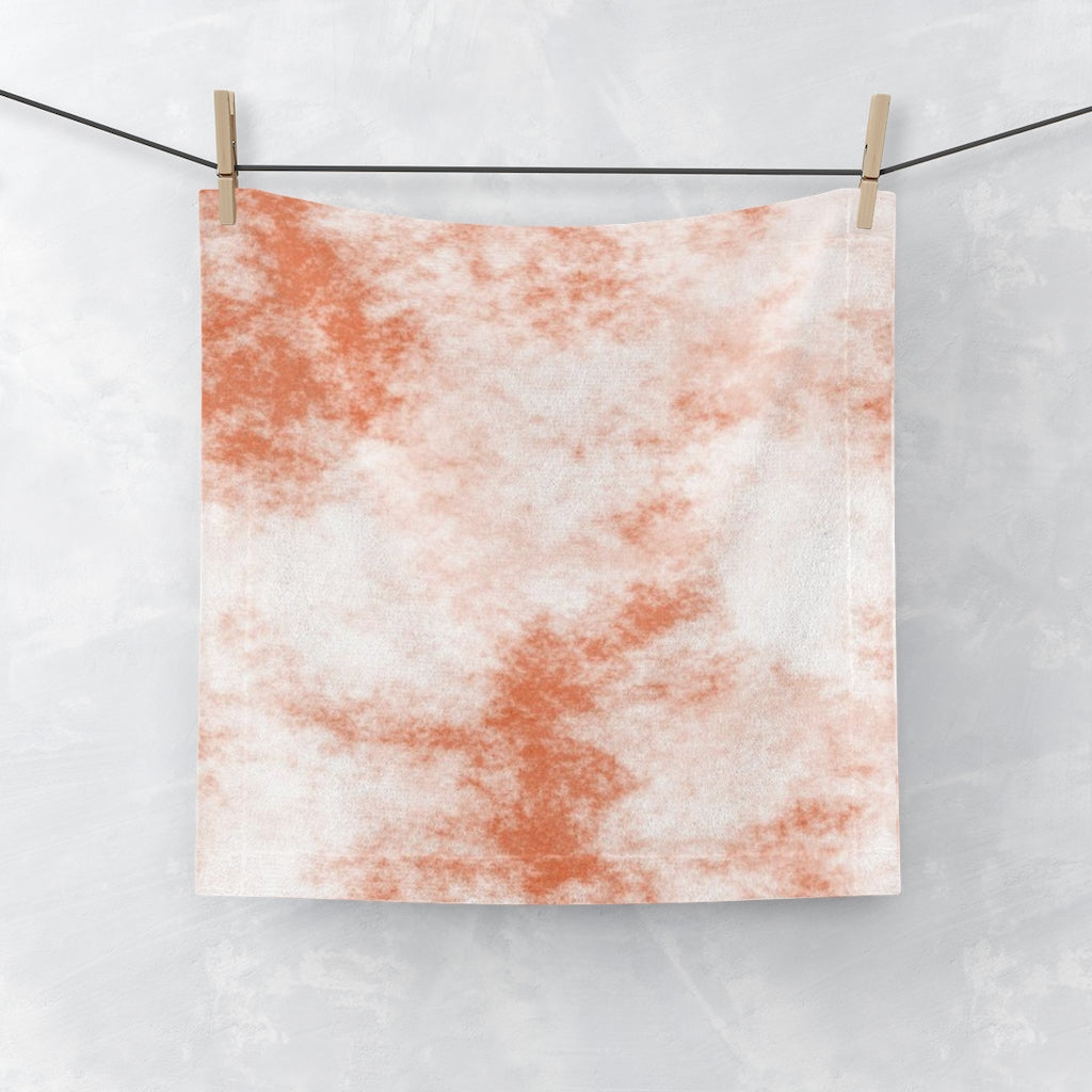 Orange Clouds Face Towel featuring a vibrant design on a soft polyester front and absorbent cotton back, ideal for customization.