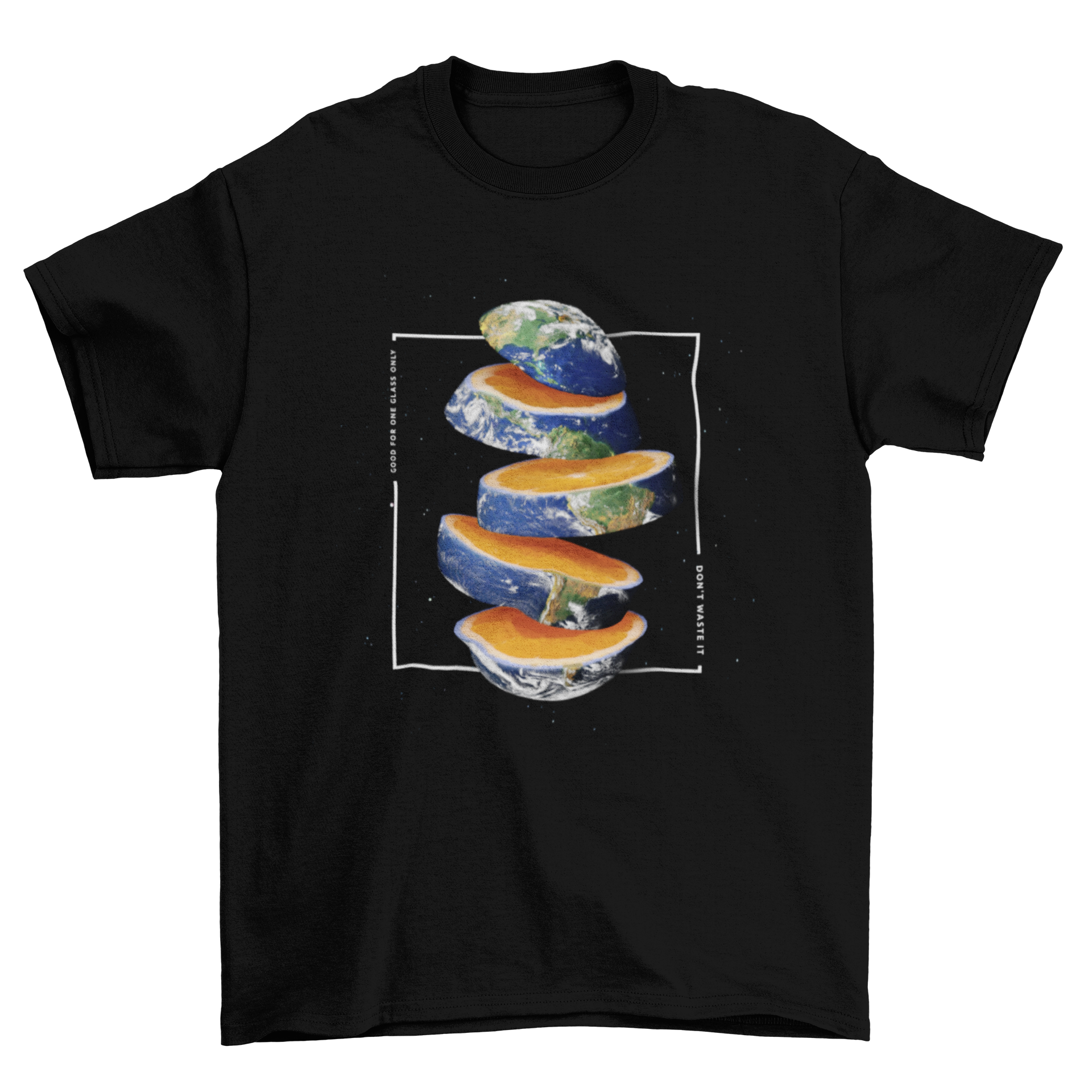 Orange Earth PSD T-shirt design featuring Earth cut into slices revealing an orange interior, showcasing vibrant colors and unique artwork.