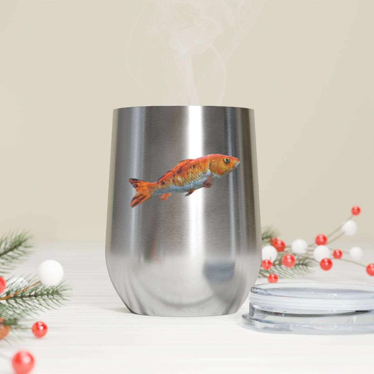 Orange Fish 12oz Insulated Wine Tumbler with clear lid, showcasing its stylish design and stainless steel construction.