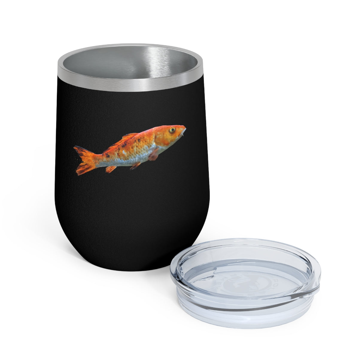 Orange Fish 12oz Insulated Wine Tumbler with clear lid, showcasing its stylish design and stainless steel construction.