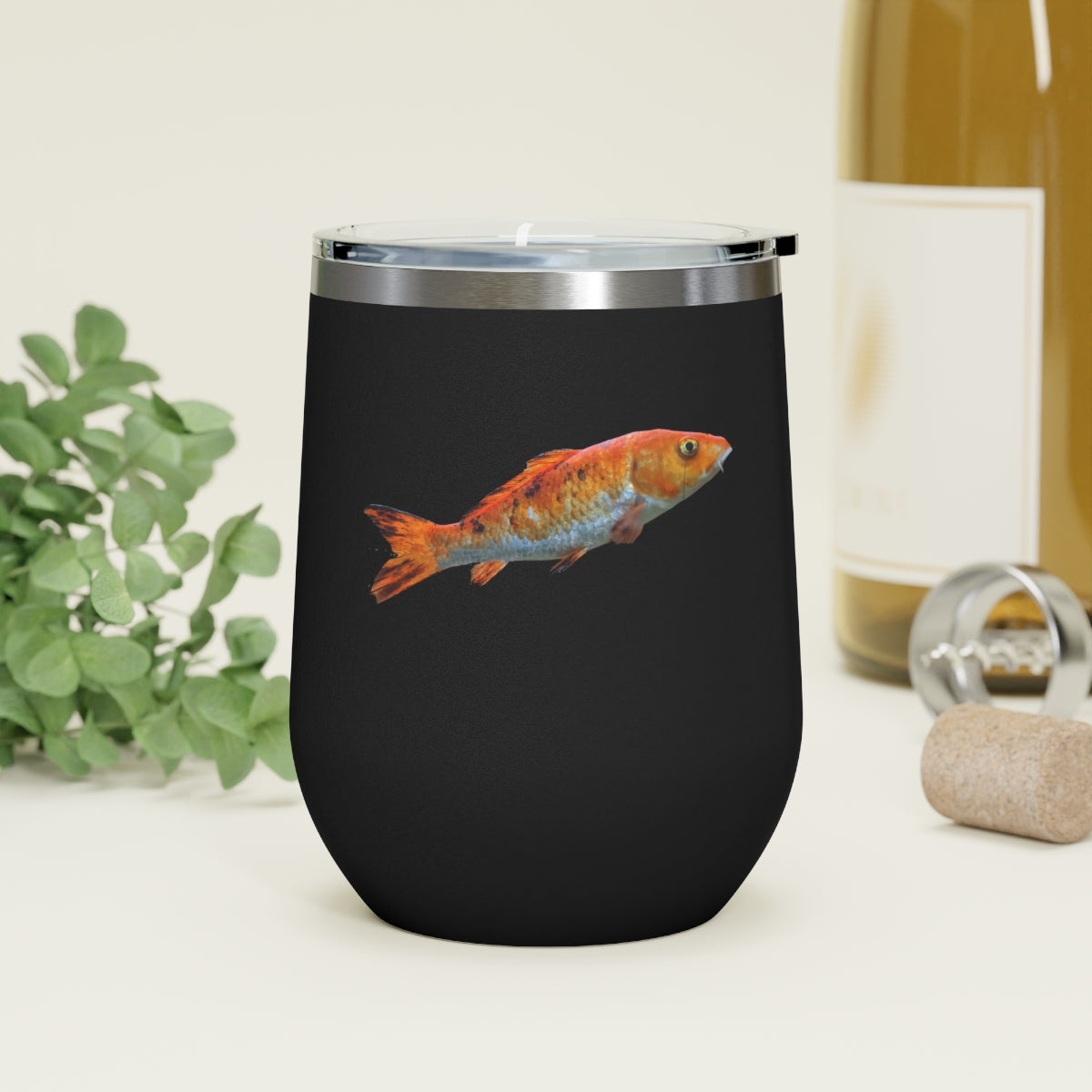 Orange Fish 12oz Insulated Wine Tumbler with clear lid, showcasing its stylish design and stainless steel construction.