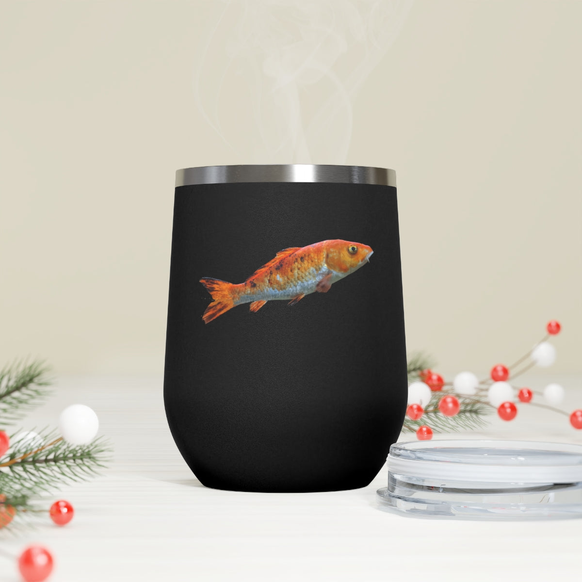 Orange Fish 12oz Insulated Wine Tumbler with clear lid, showcasing its stylish design and stainless steel construction.