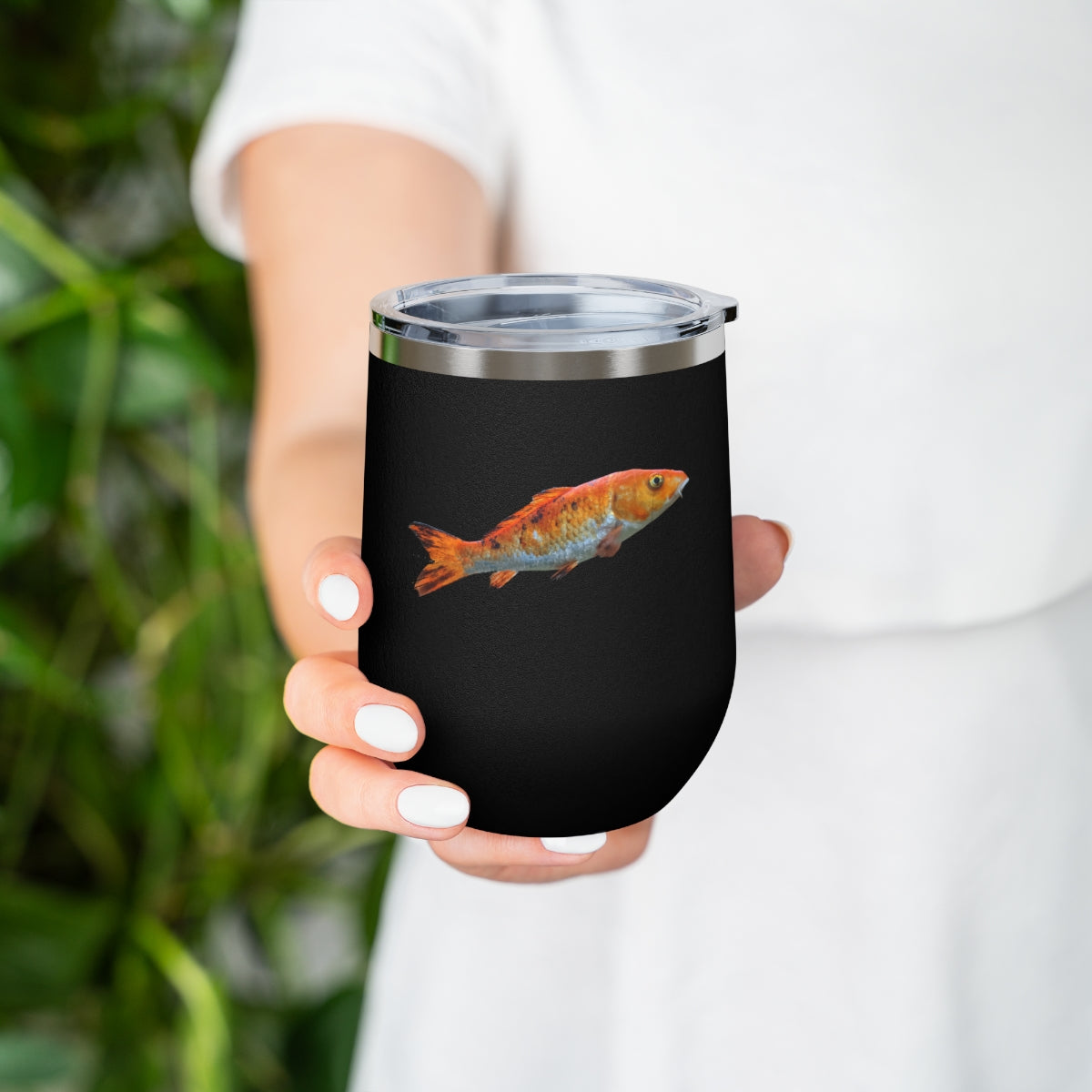 Orange Fish 12oz Insulated Wine Tumbler with clear lid, showcasing its stylish design and stainless steel construction.