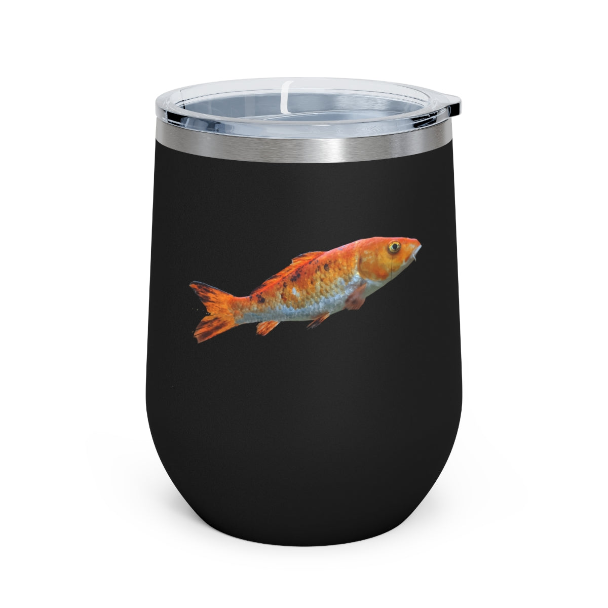 Orange Fish 12oz Insulated Wine Tumbler with clear lid, showcasing its stylish design and stainless steel construction.