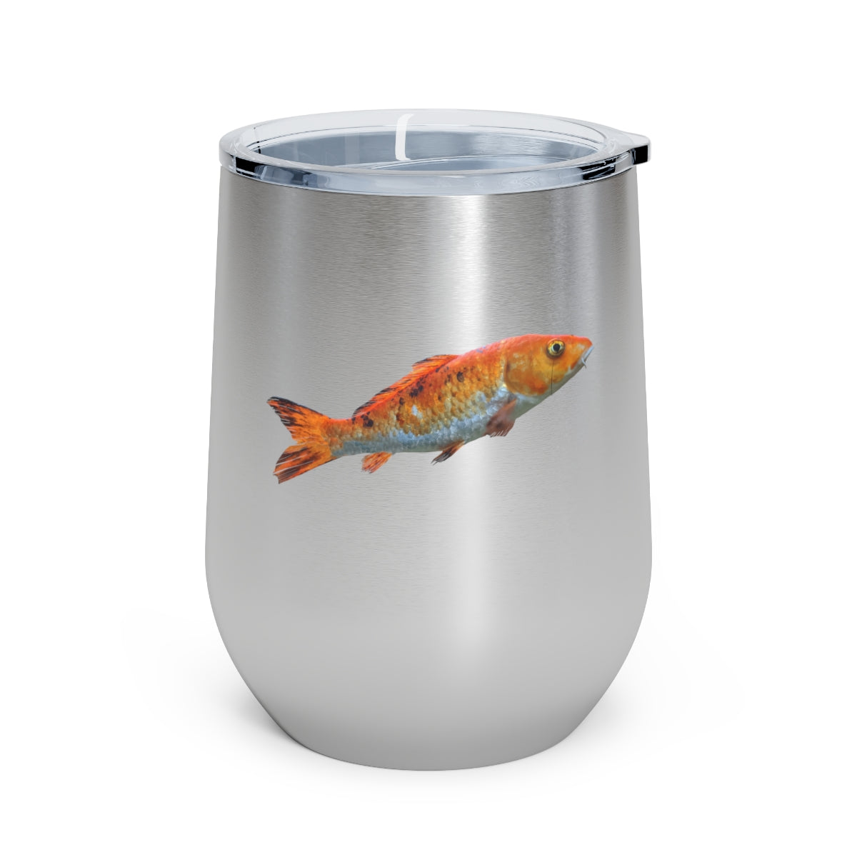 Orange Fish 12oz Insulated Wine Tumbler with clear lid, showcasing its stylish design and stainless steel construction.