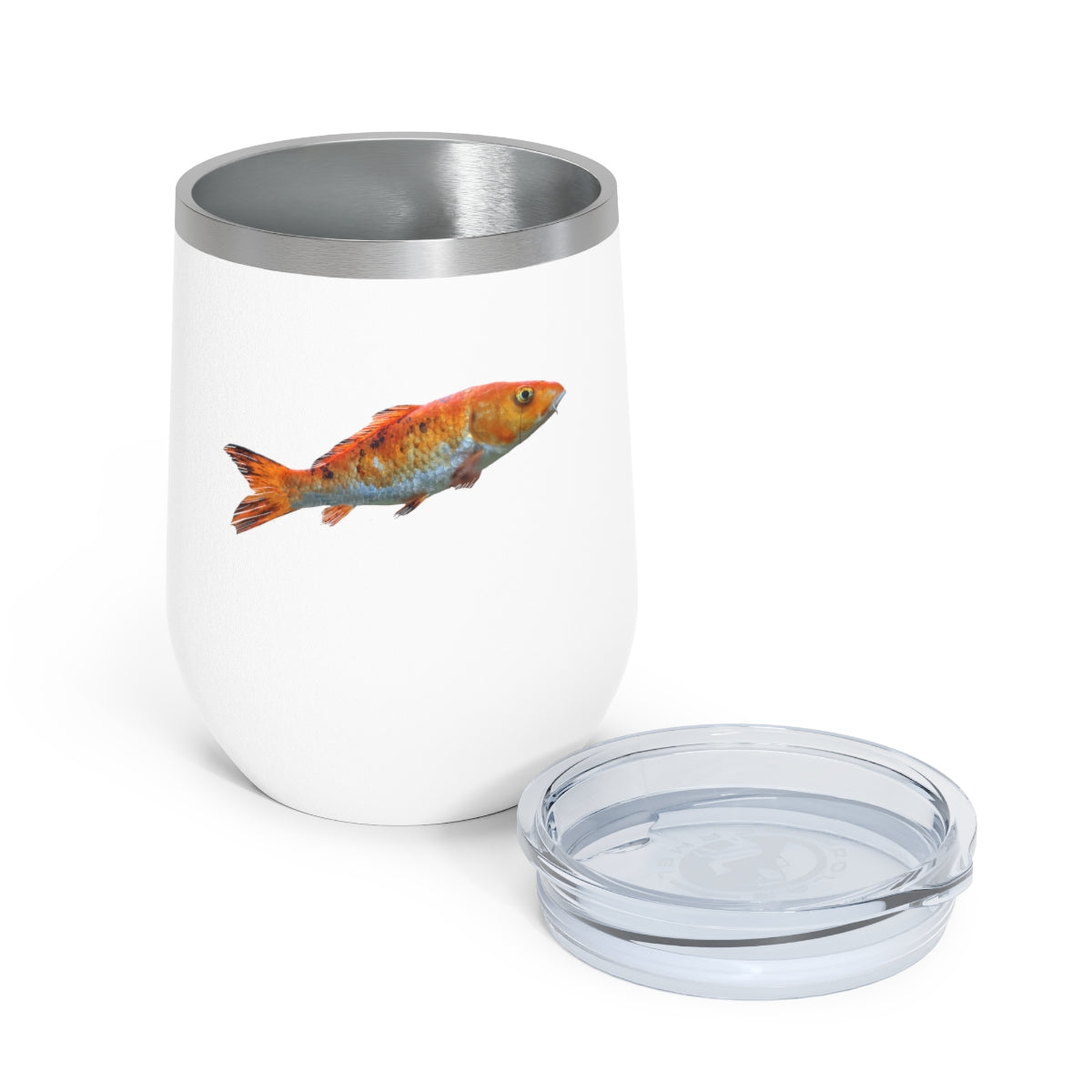 Orange Fish 12oz Insulated Wine Tumbler with clear lid, showcasing its stylish design and stainless steel construction.