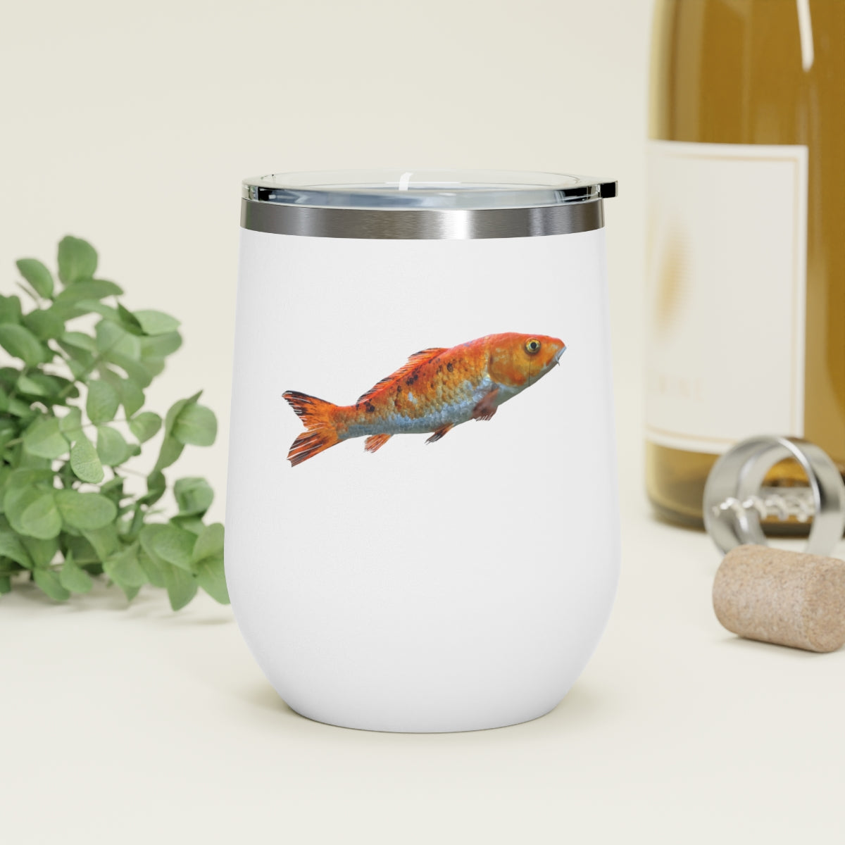 Orange Fish 12oz Insulated Wine Tumbler with clear lid, showcasing its stylish design and stainless steel construction.