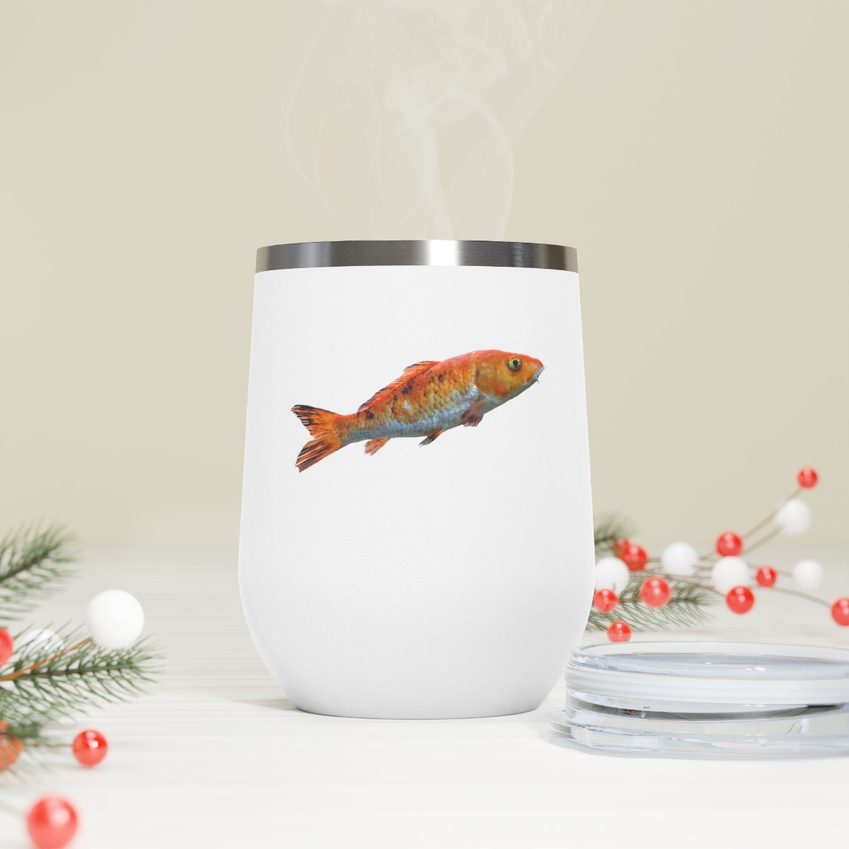 Orange Fish 12oz Insulated Wine Tumbler with clear lid, showcasing its stylish design and stainless steel construction.