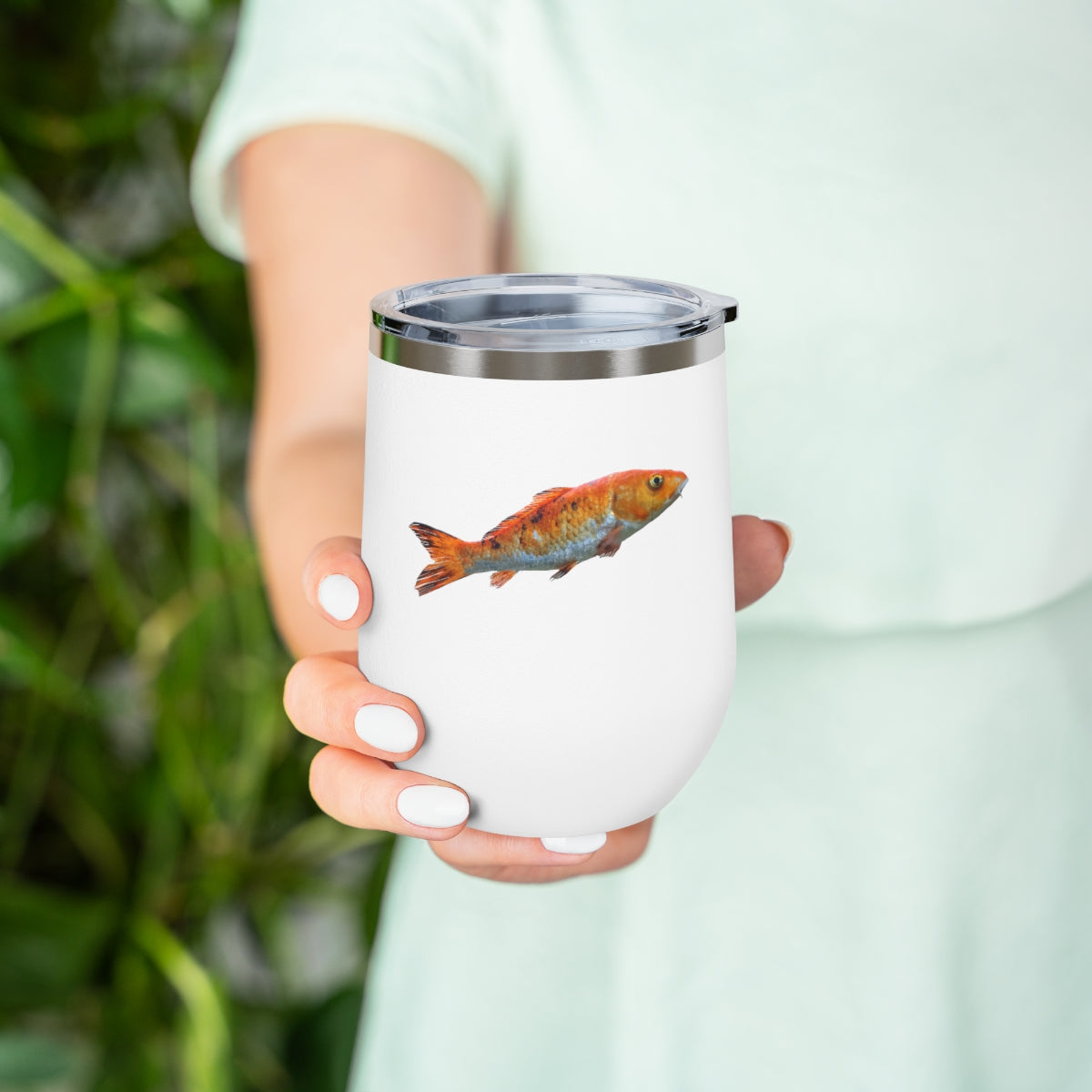 Orange Fish 12oz Insulated Wine Tumbler with clear lid, showcasing its stylish design and stainless steel construction.