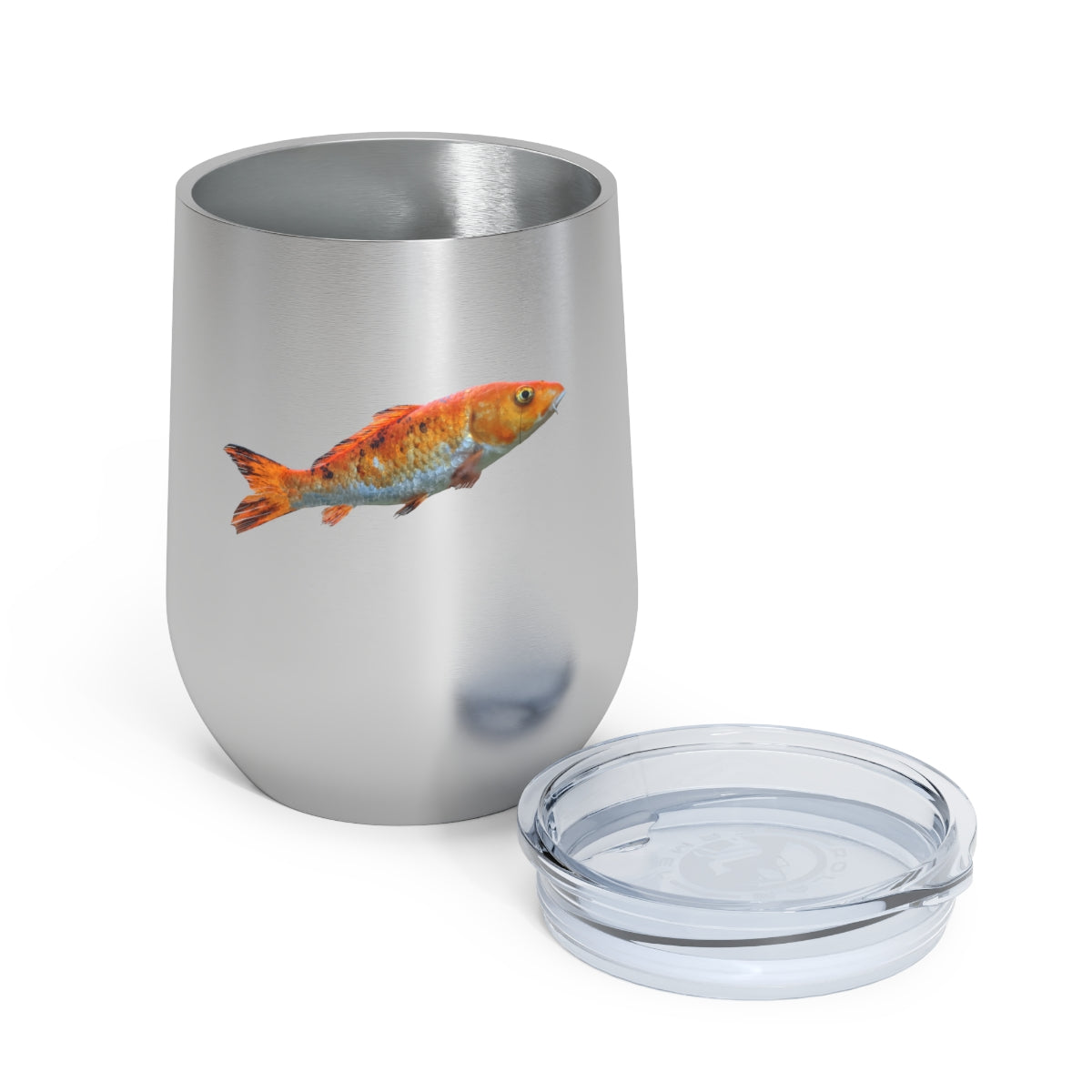 Orange Fish 12oz Insulated Wine Tumbler with clear lid, showcasing its stylish design and stainless steel construction.