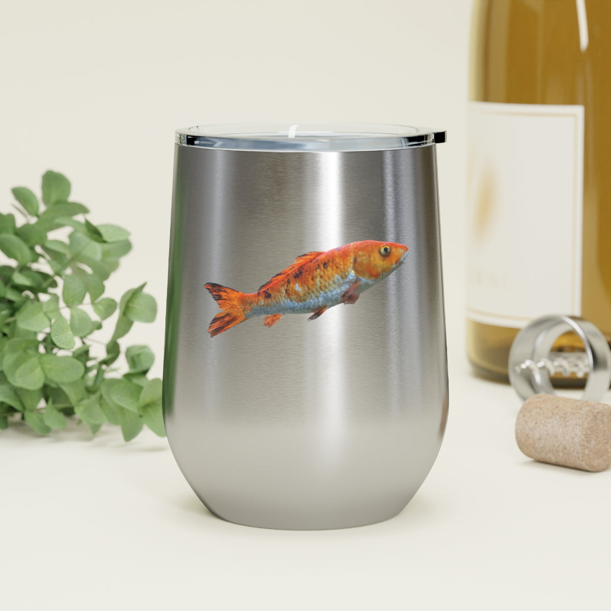 Orange Fish 12oz Insulated Wine Tumbler with clear lid, showcasing its stylish design and stainless steel construction.