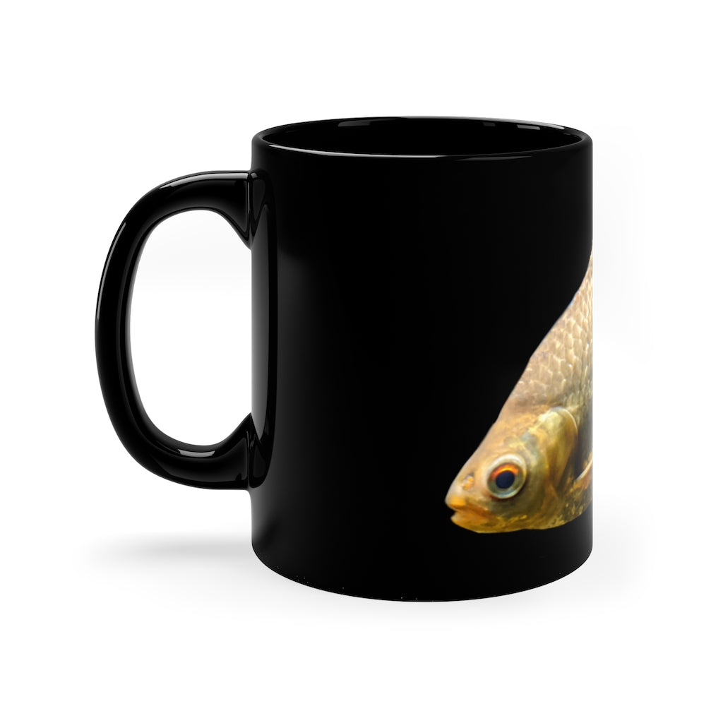 Orange Fish 11oz black ceramic mug with customizable design options, perfect for coffee, tea, or hot chocolate.