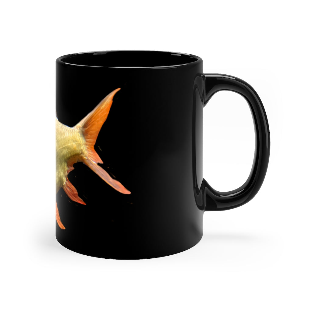 Orange Fish 11oz black ceramic mug with customizable design options, perfect for coffee, tea, or hot chocolate.