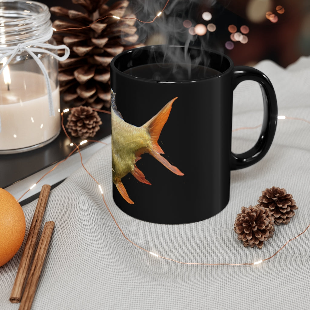 Orange Fish 11oz black ceramic mug with customizable design options, perfect for coffee, tea, or hot chocolate.