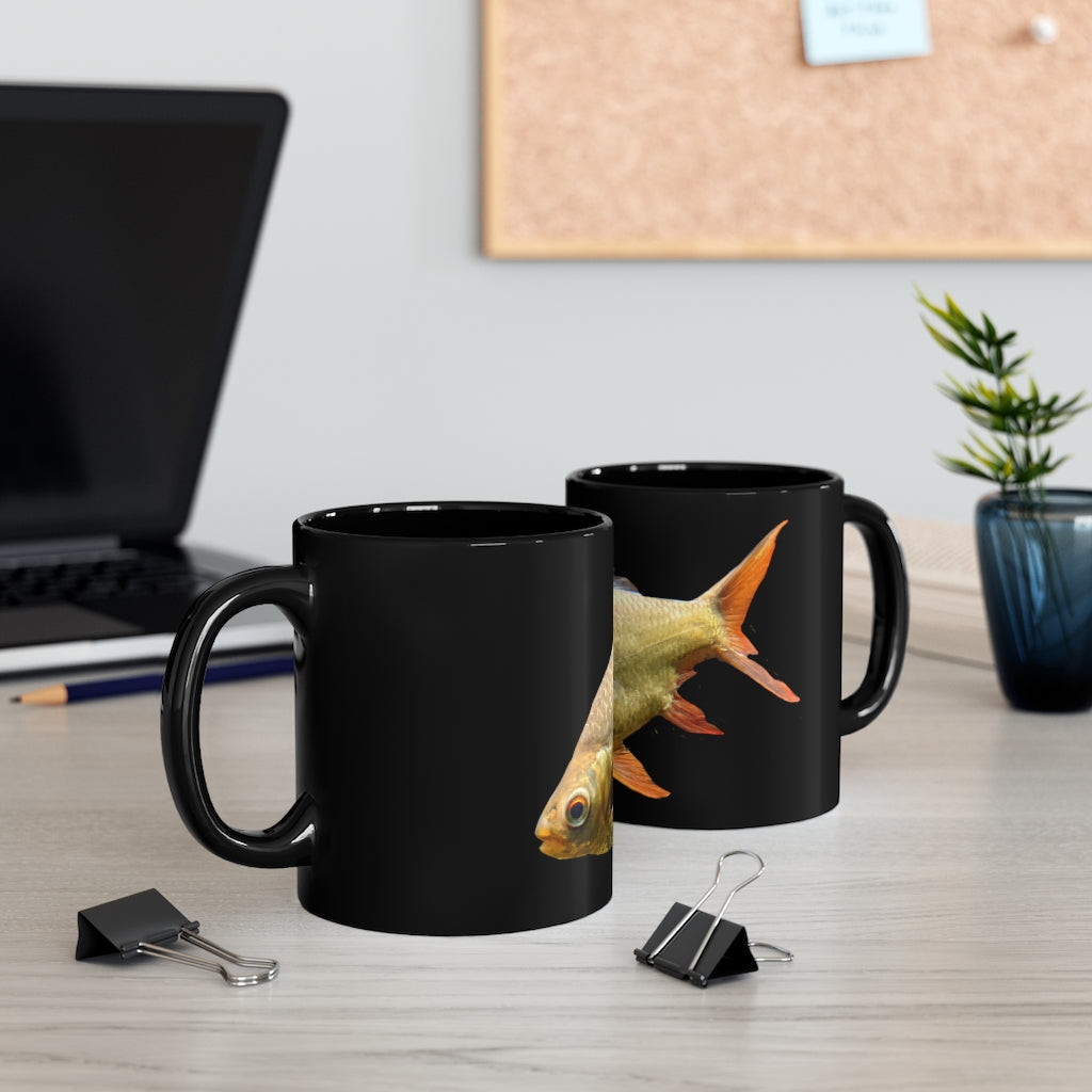 Orange Fish 11oz black ceramic mug with customizable design options, perfect for coffee, tea, or hot chocolate.