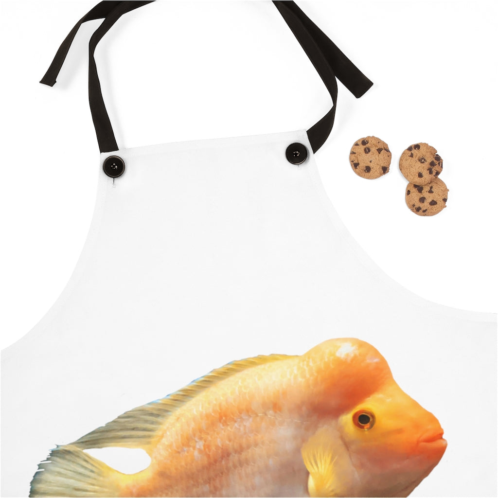 Orange Fish Apron featuring a vibrant design, lightweight polyester fabric, and black detachable twill straps.