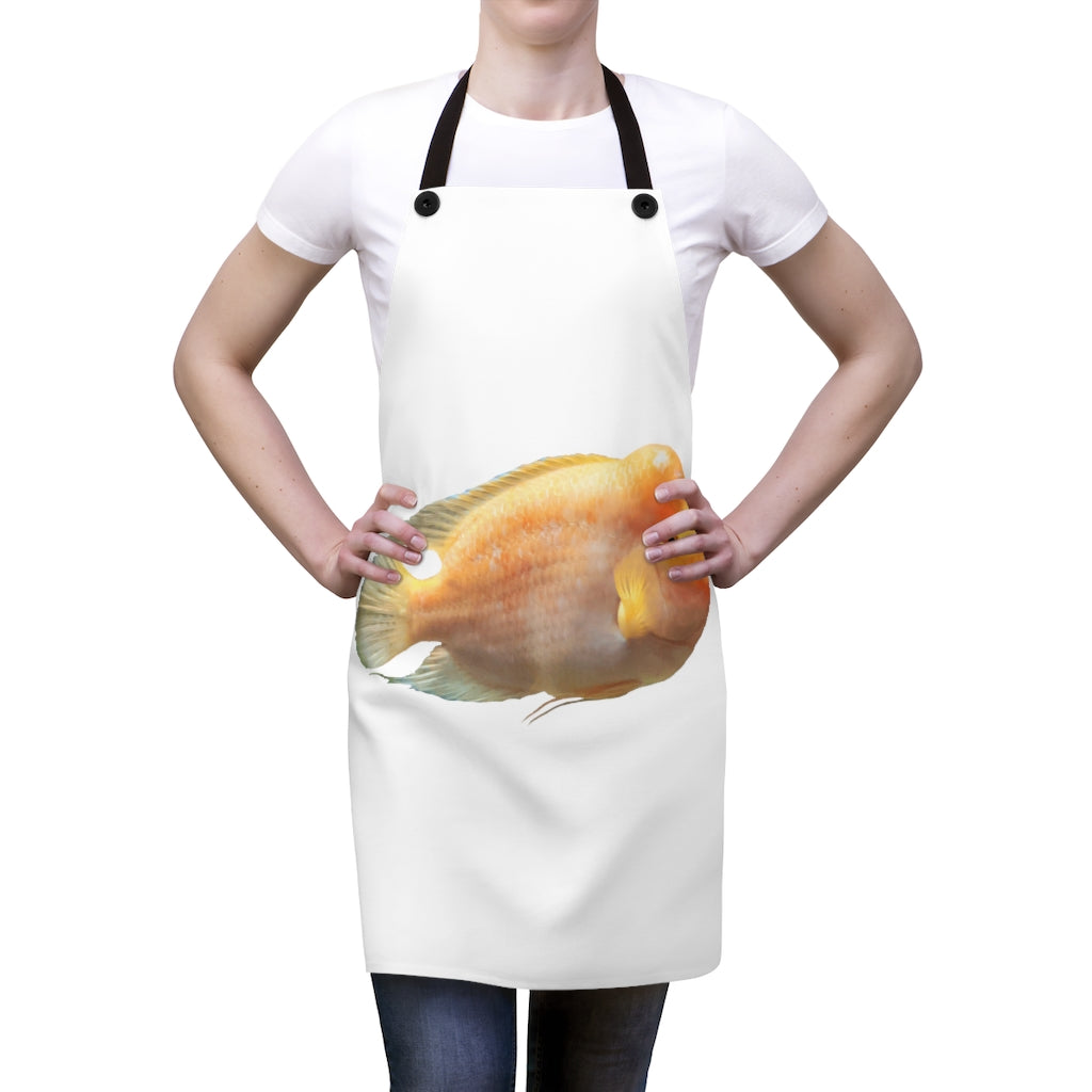 Orange Fish Apron featuring a vibrant design, lightweight polyester fabric, and black detachable twill straps.