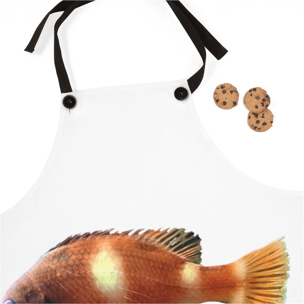 Orange Fish Apron featuring a vibrant fish design, lightweight polyester fabric, and black detachable twill straps.