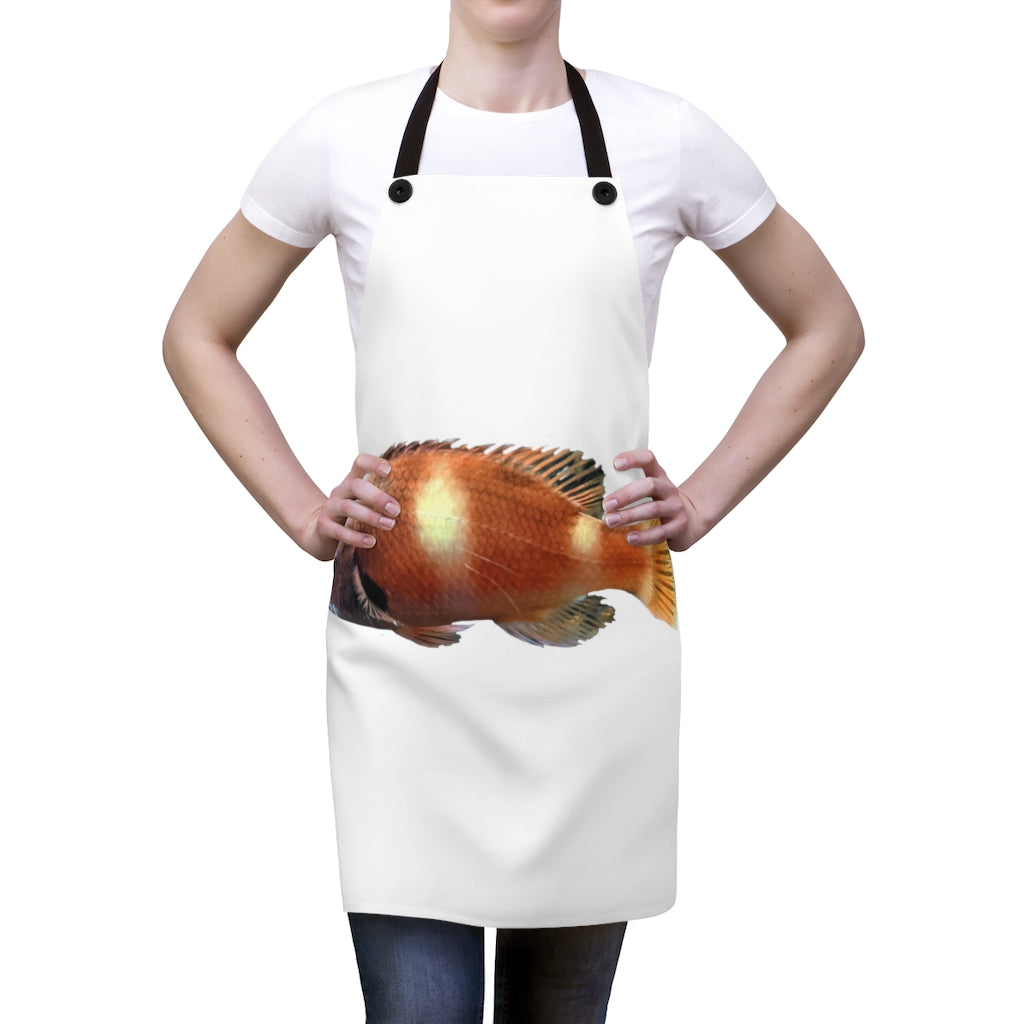 Orange Fish Apron featuring a vibrant fish design, lightweight polyester fabric, and black detachable twill straps.