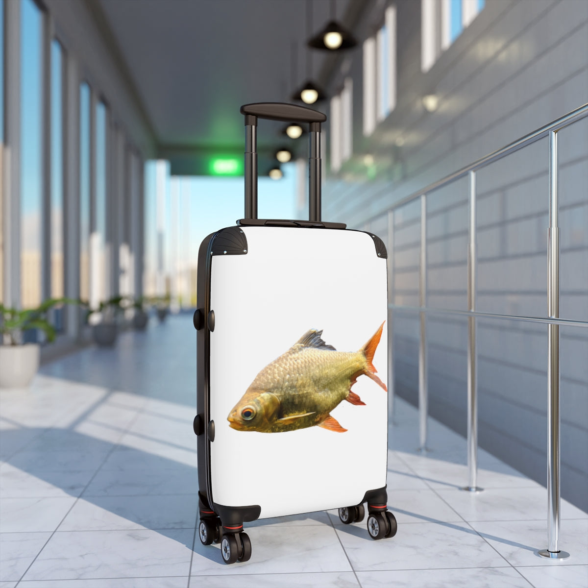 Orange Fish Cabin Suitcase with personalized design, lightweight and durable, featuring adjustable handle and 360° swivel wheels.