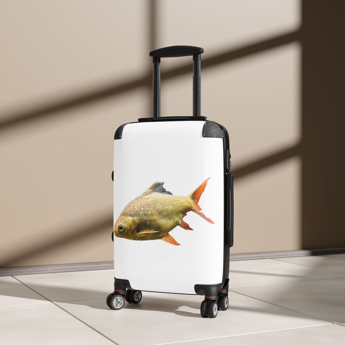 Orange Fish Cabin Suitcase with personalized design, lightweight and durable, featuring adjustable handle and 360° swivel wheels.