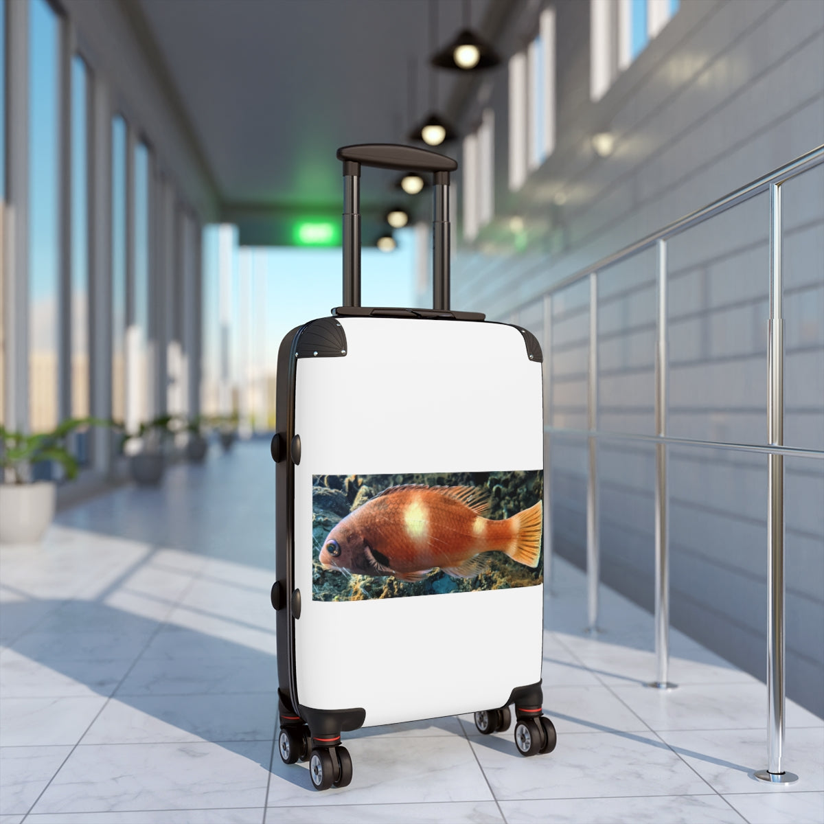 Orange Fish Cabin Suitcase with personalized design, lightweight and durable, featuring a telescopic handle and 360° swivel wheels.