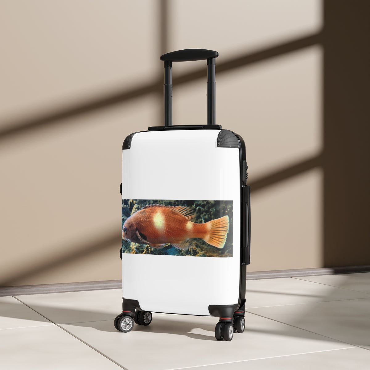 Orange Fish Cabin Suitcase with personalized design, lightweight and durable, featuring a telescopic handle and 360° swivel wheels.