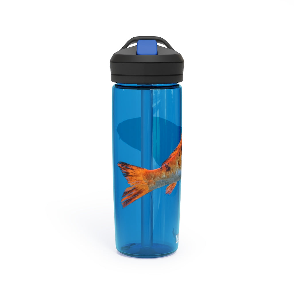 Orange Fish CamelBak Eddy® Water Bottle in 20oz and 25oz sizes, showcasing its robust design and spill-proof biting valve.