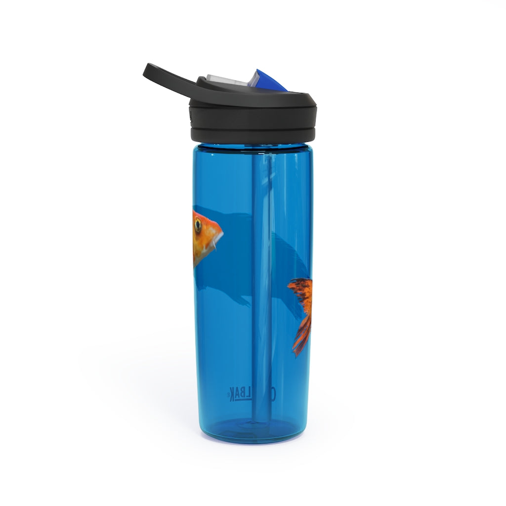 Orange Fish CamelBak Eddy® Water Bottle in 20oz and 25oz sizes, showcasing its robust design and spill-proof biting valve.