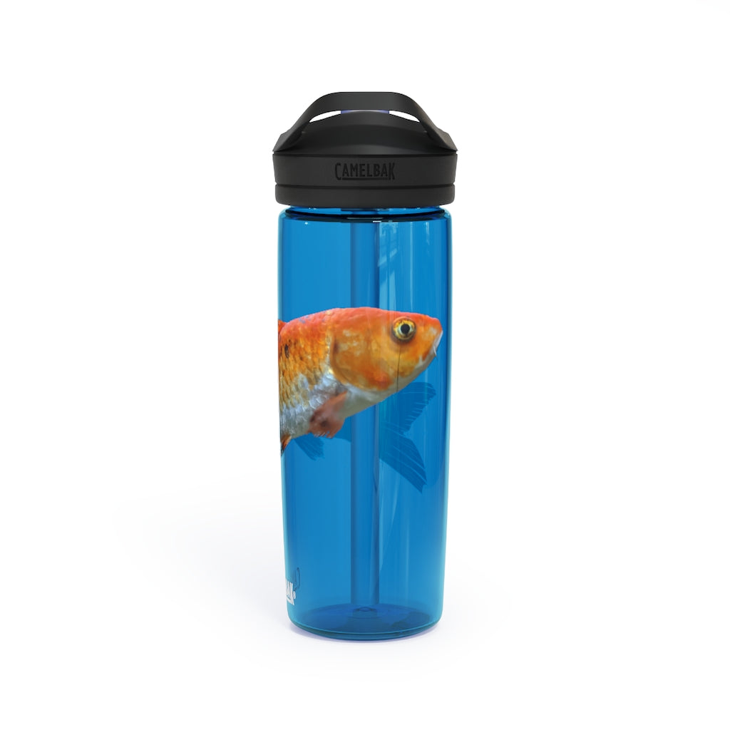 Orange Fish CamelBak Eddy® Water Bottle in 20oz and 25oz sizes, showcasing its robust design and spill-proof biting valve.