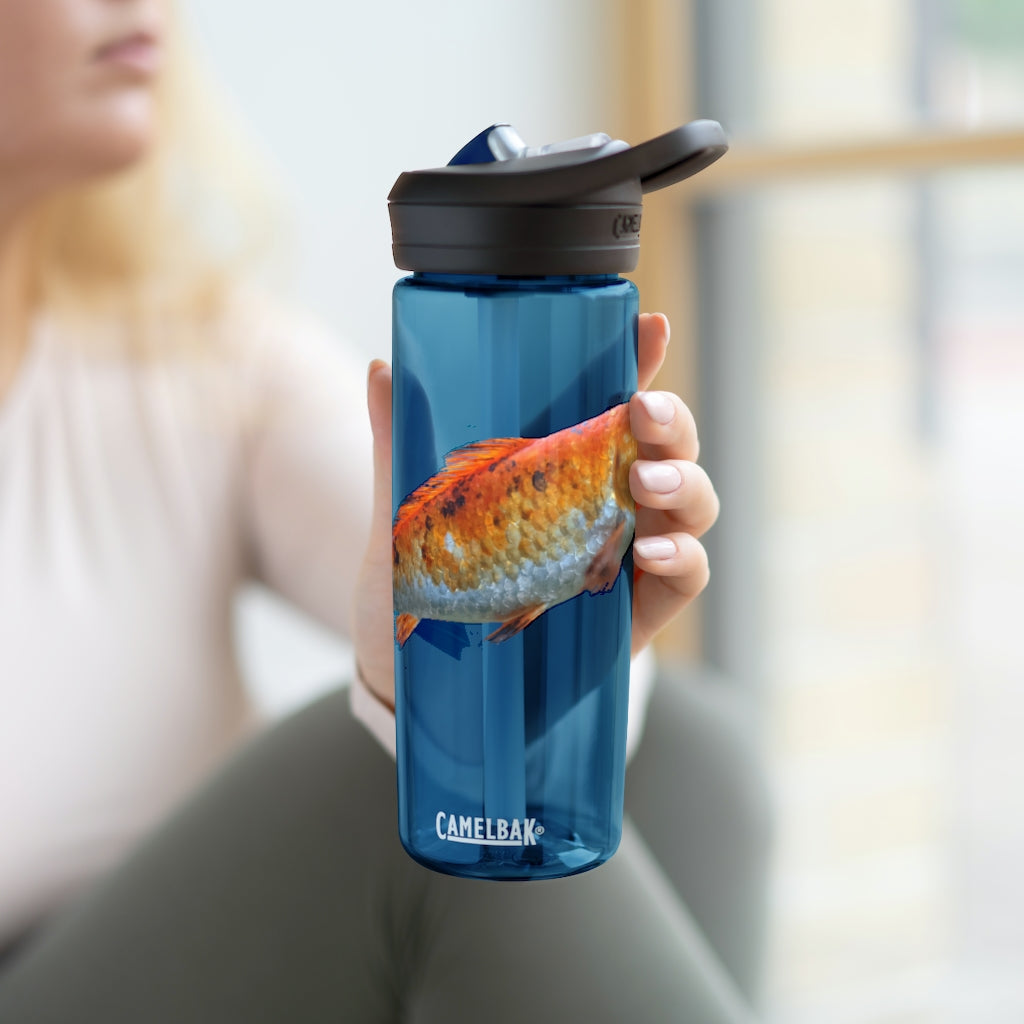 Orange Fish CamelBak Eddy® Water Bottle in 20oz and 25oz sizes, showcasing its robust design and spill-proof biting valve.