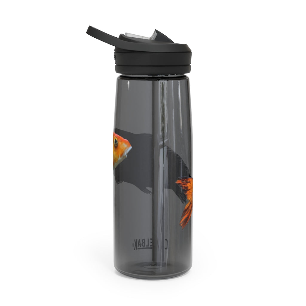 Orange Fish CamelBak Eddy® Water Bottle in 20oz and 25oz sizes, showcasing its robust design and spill-proof biting valve.