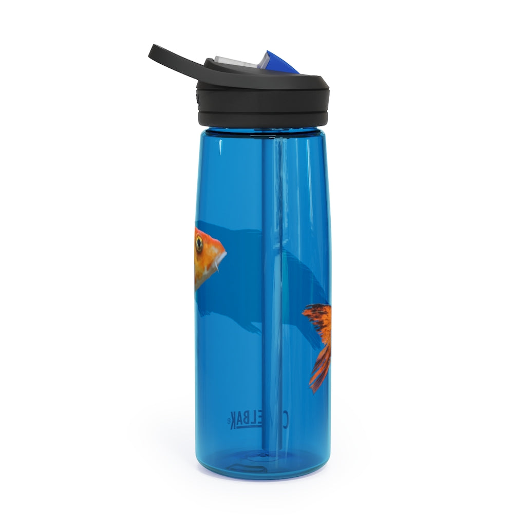 Orange Fish CamelBak Eddy® Water Bottle in 20oz and 25oz sizes, showcasing its robust design and spill-proof biting valve.