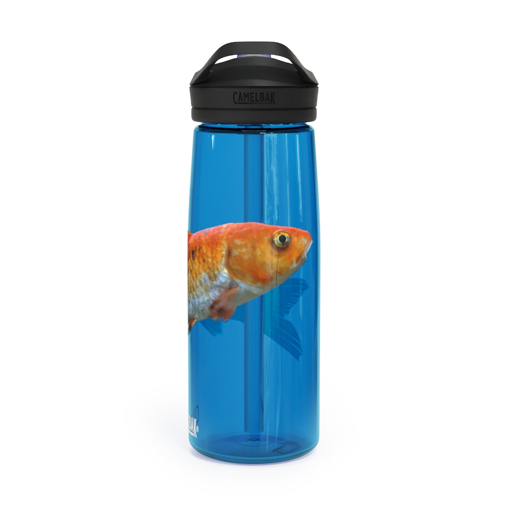 Orange Fish CamelBak Eddy® Water Bottle in 20oz and 25oz sizes, showcasing its robust design and spill-proof biting valve.