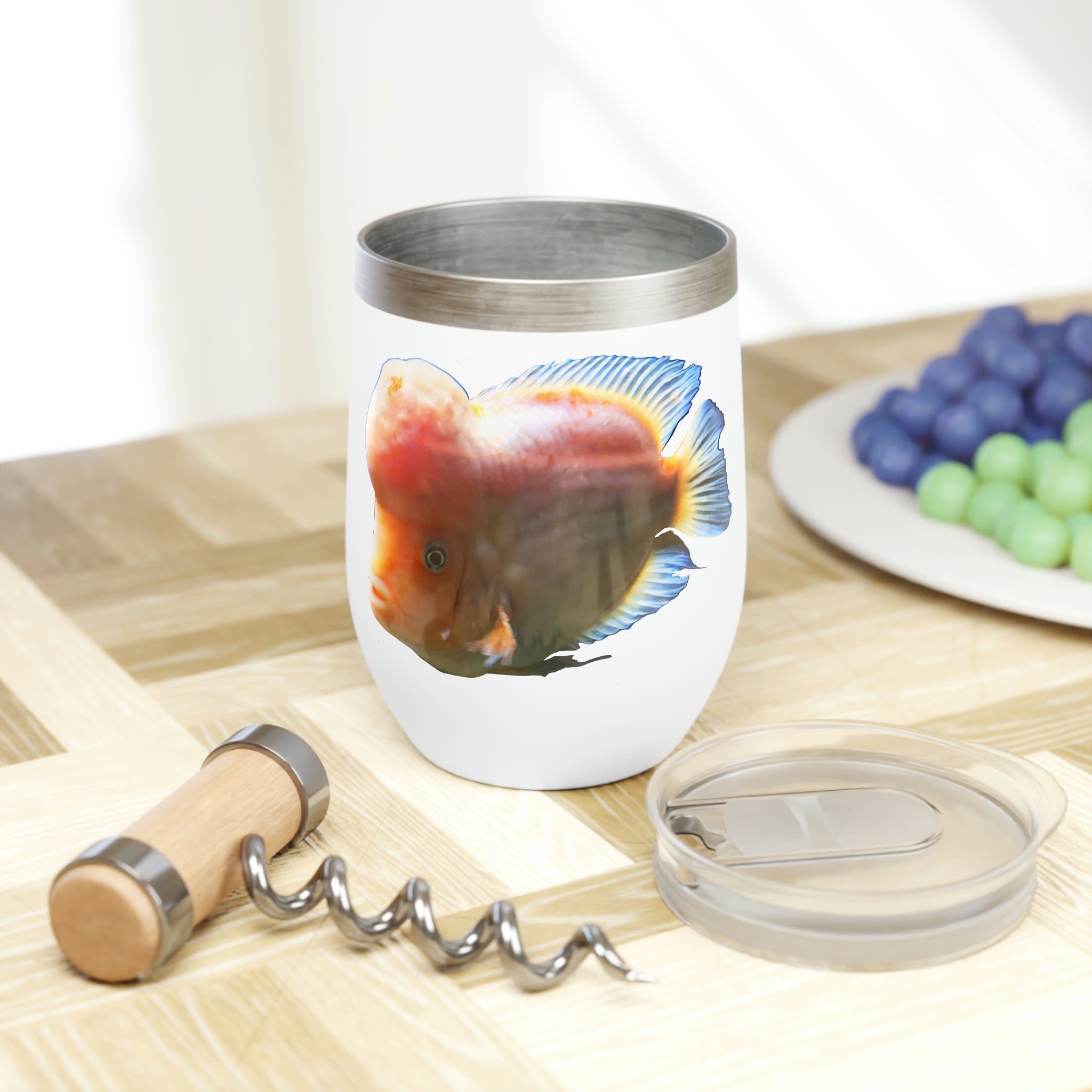 Orange Fish Chill Wine Tumbler with double-insulated walls and customizable design, perfect for wine lovers.