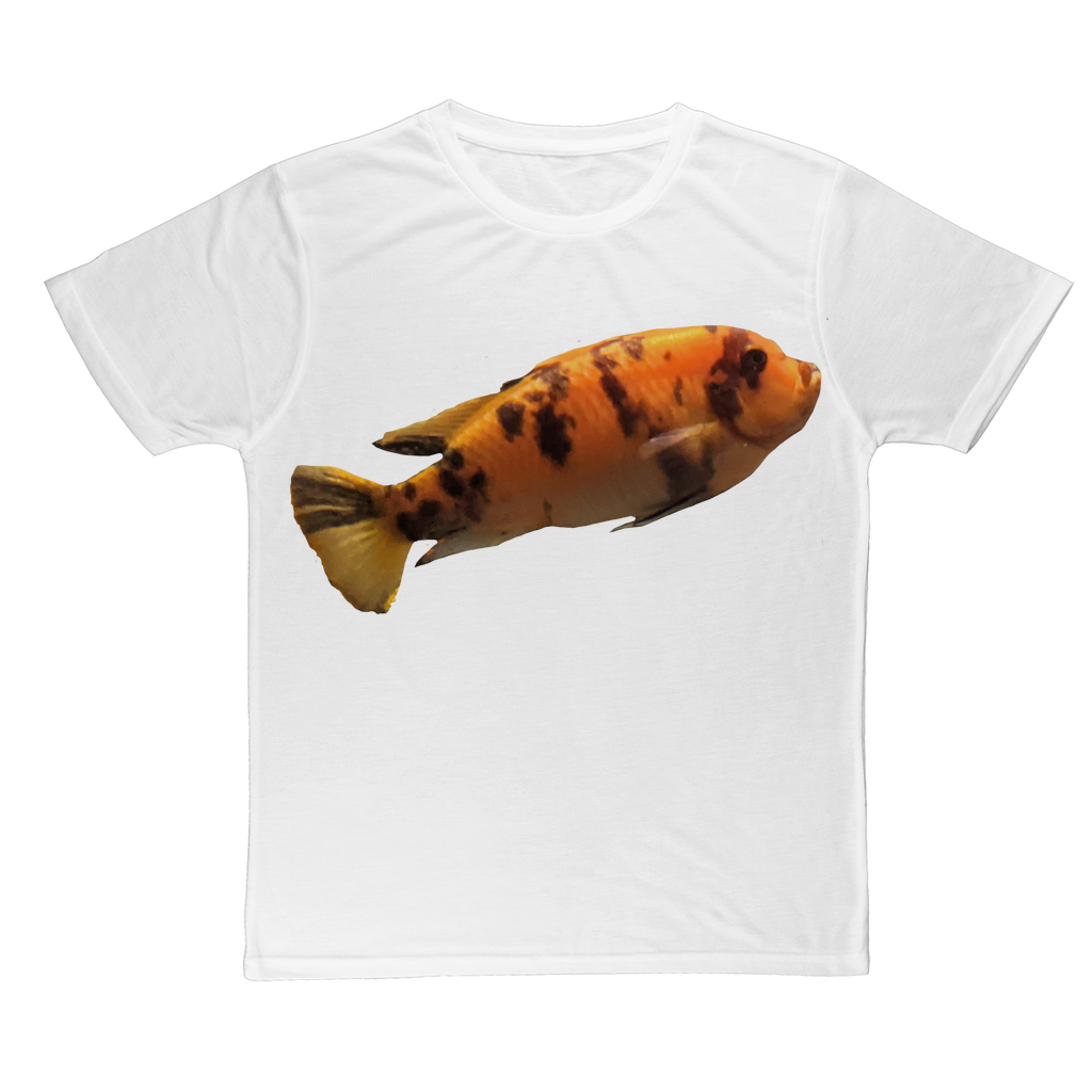 Orange Fish Classic Sublimation Adult T-Shirt featuring vibrant colors and a soft cotton-like feel, perfect for sublimation printing.