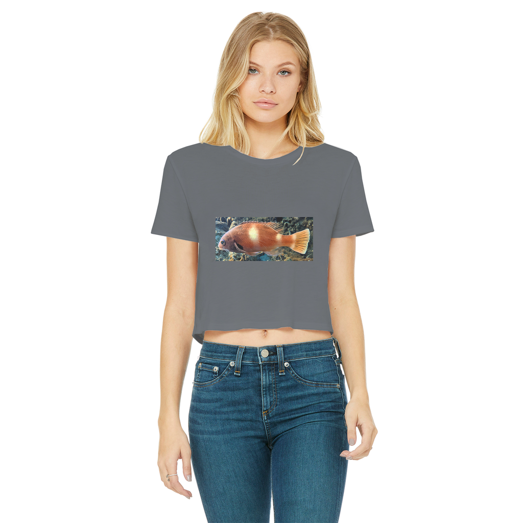 Orange Fish Classic Women's Cropped Raw Edge T-Shirt featuring a round neck, short sleeves, and a trendy cropped design with a raw edge hem.