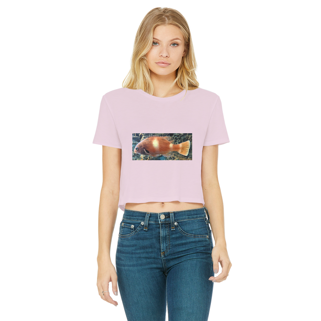 Orange Fish Classic Women's Cropped Raw Edge T-Shirt featuring a round neck, short sleeves, and a trendy cropped design with a raw edge hem.