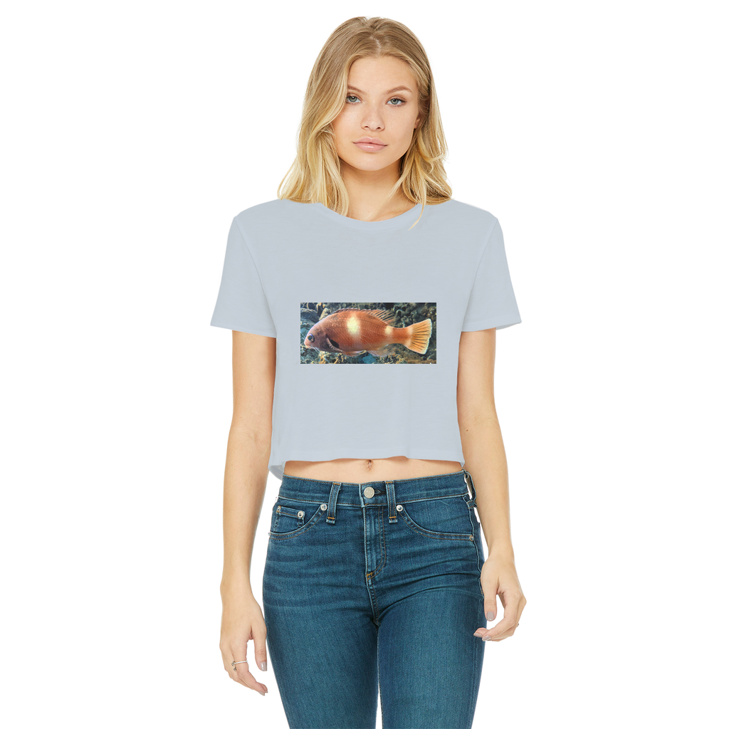 Orange Fish Classic Women's Cropped Raw Edge T-Shirt featuring a round neck, short sleeves, and a trendy cropped design with a raw edge hem.