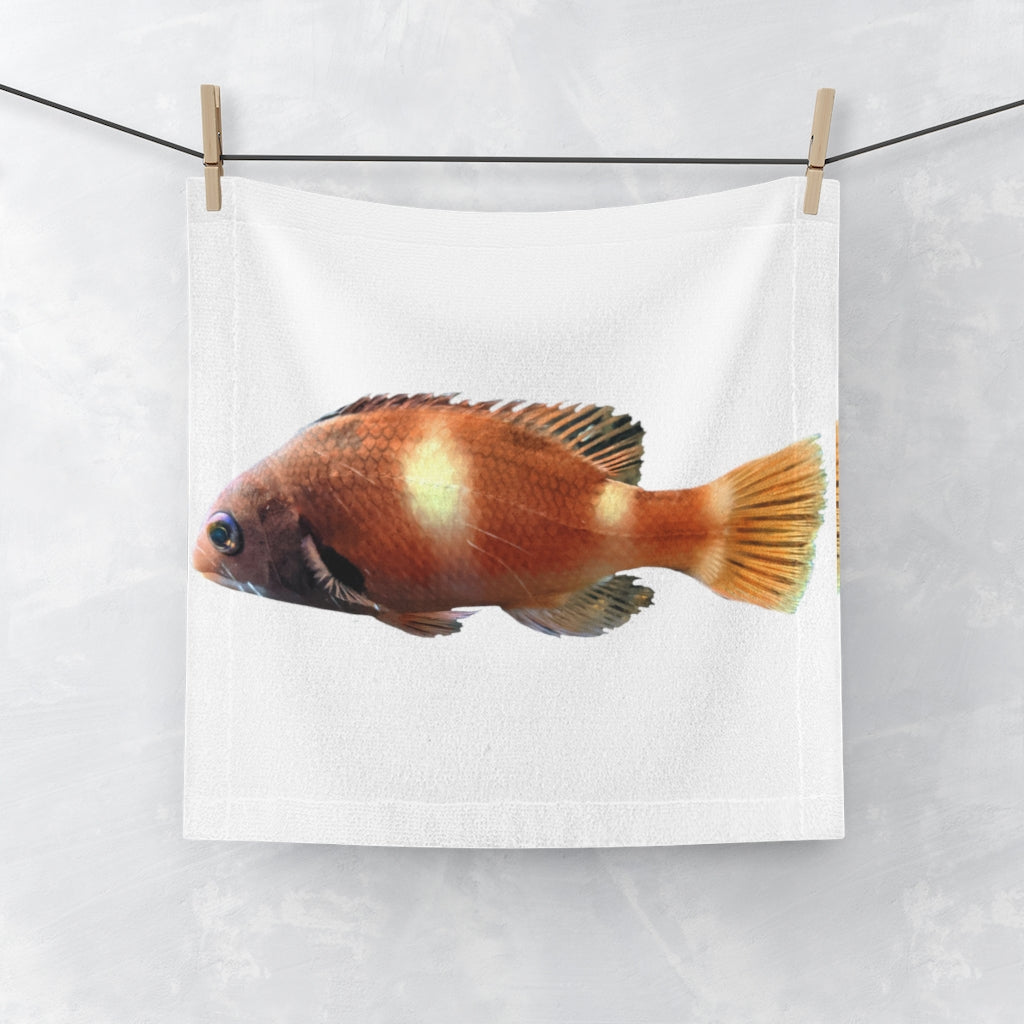 Orange Fish Face Towel featuring a vibrant fish design on a soft polyester front and absorbent cotton back, perfect for customization.